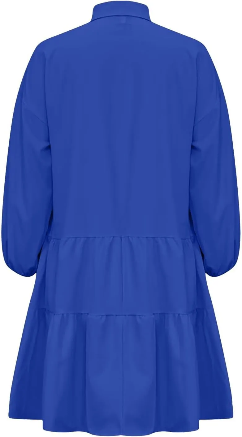 Women's Casual Dresses Long Sleeve Collared Button Down Shirt Dress Flowy Tiered Babydoll Mini Dress Fall Tunic Dress