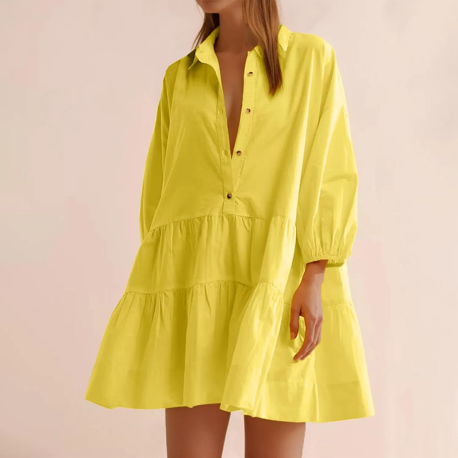 Women's Casual Dresses Long Sleeve Collared Button Down Shirt Dress Flowy Tiered Babydoll Mini Dress Fall Tunic Dress