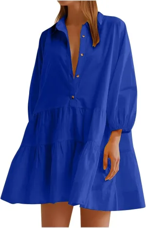 Women's Casual Dresses Long Sleeve Collared Button Down Shirt Dress Flowy Tiered Babydoll Mini Dress Fall Tunic Dress