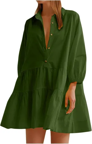 Women's Casual Dresses Long Sleeve Collared Button Down Shirt Dress Flowy Tiered Babydoll Mini Dress Fall Tunic Dress