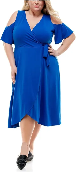 Womens ColdShoulder Tie Pullover Styling Unlined Flutter Sleeve Surplice Neckline Midi Cocktail Fit Flare Dress