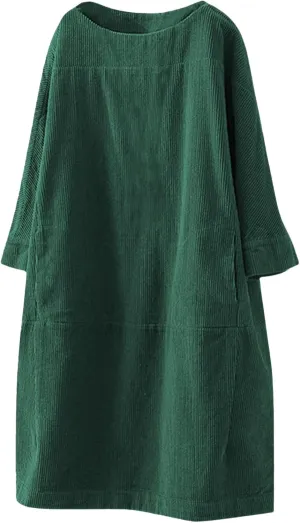Womens Corduroy Vintage Long Sleeve Dress Oversize Tunic Dress Casual Loose Fit Dress Plus Size Mini Dress with Pocket