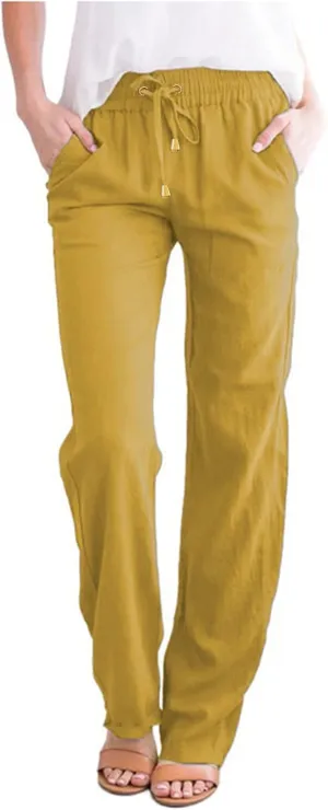 Womens Cotton Linen Summer Fashion Palazzo Pants Elastic Waisted Stretchy Slim Fit Trouser Work Business