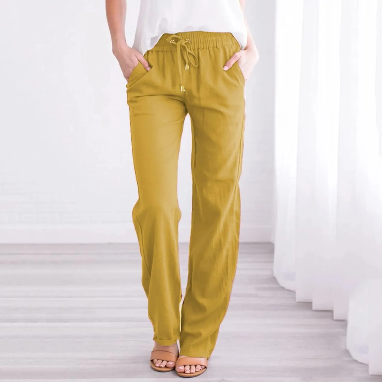Womens Cotton Linen Summer Fashion Palazzo Pants Elastic Waisted Stretchy Slim Fit Trouser Work Business