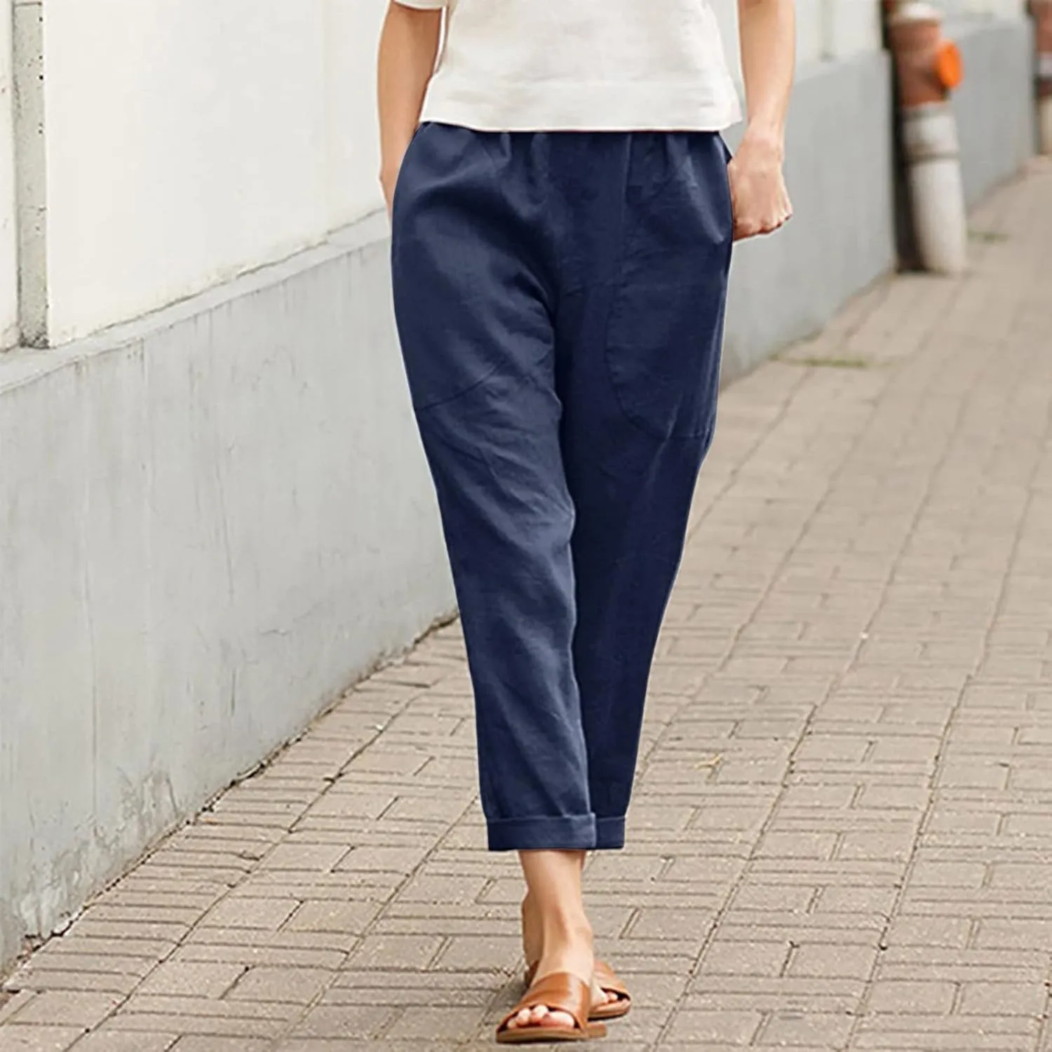 Women's Cotton Linen Summer Palazzo Palazzo Pants Elastic Waisted Bootcut Slim Fit Pants Business Work