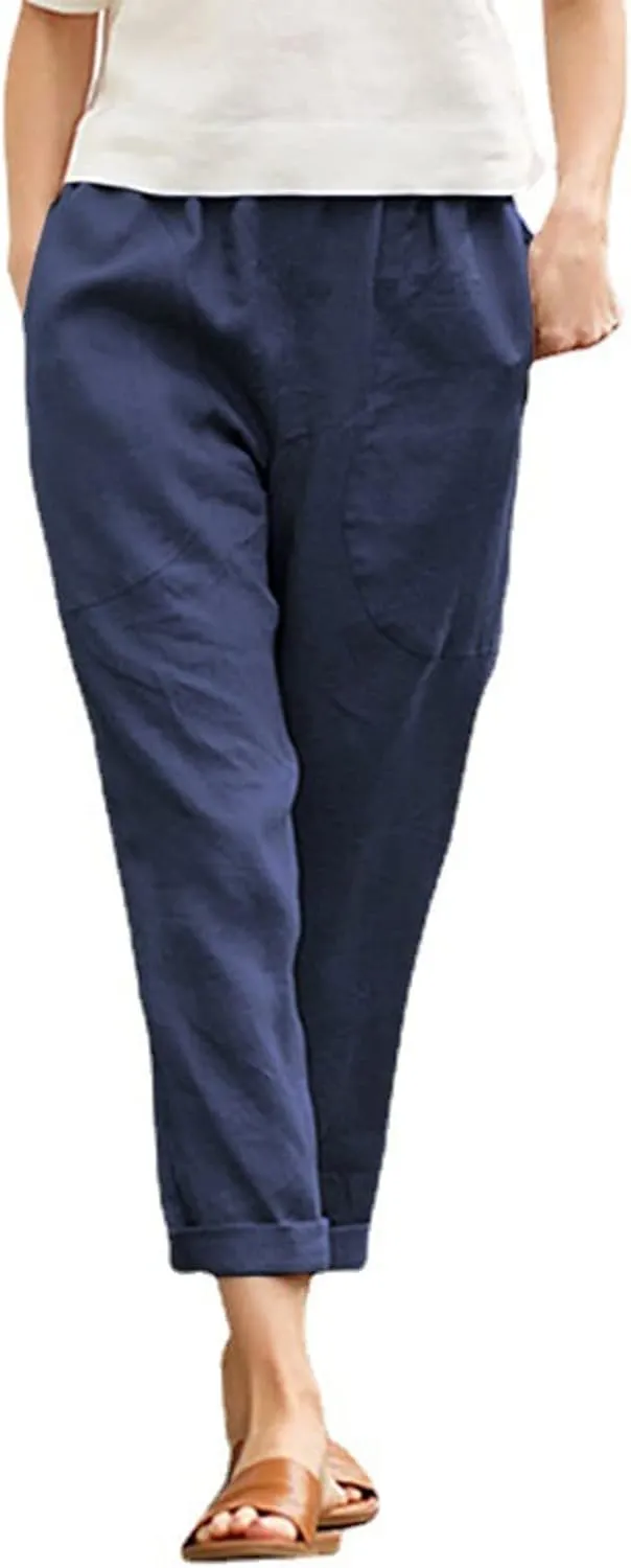 Women's Cotton Linen Summer Palazzo Palazzo Pants Elastic Waisted Bootcut Slim Fit Pants Business Work