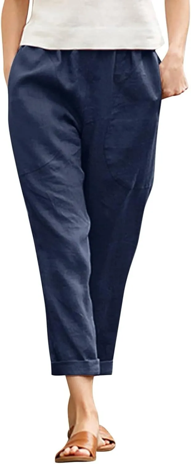 Women's Cotton Linen Summer Palazzo Palazzo Pants Elastic Waisted Bootcut Slim Fit Pants Business Work