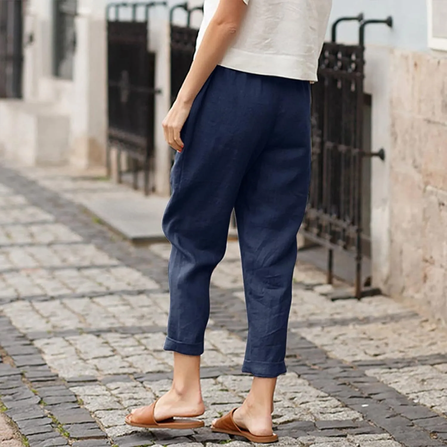 Women's Cotton Linen Summer Palazzo Palazzo Pants Elastic Waisted Bootcut Slim Fit Pants Business Work