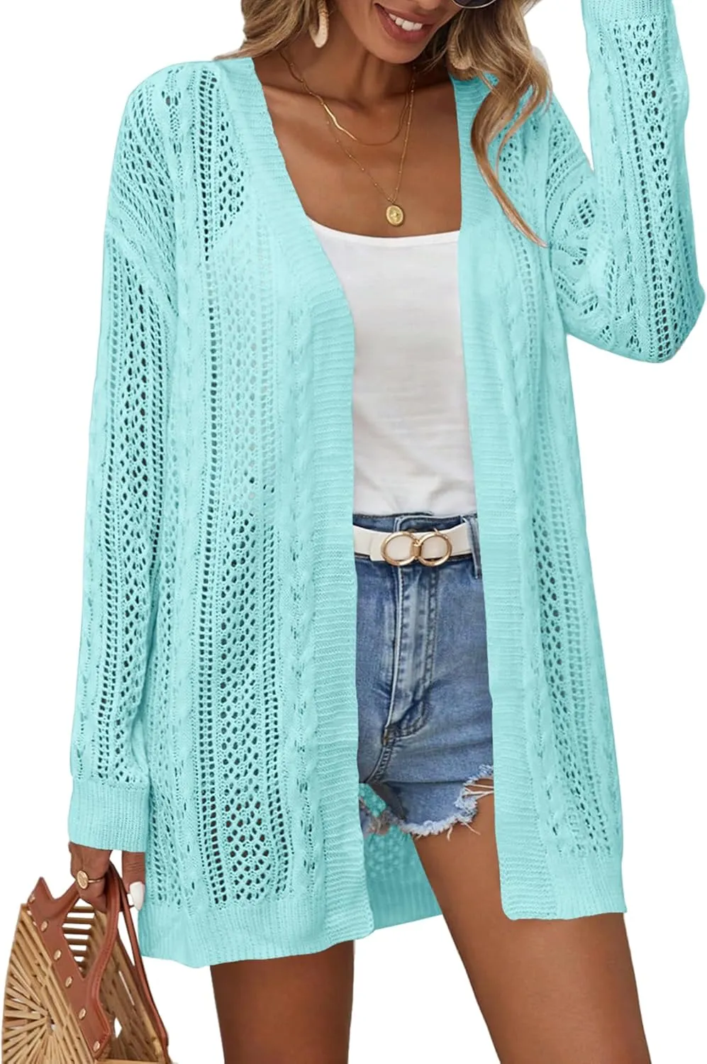 Womens Crochet Lightweight Cardigans Long Sleeve Open Front Kimonos Boho Summer Cardigan Sweater Cover Up