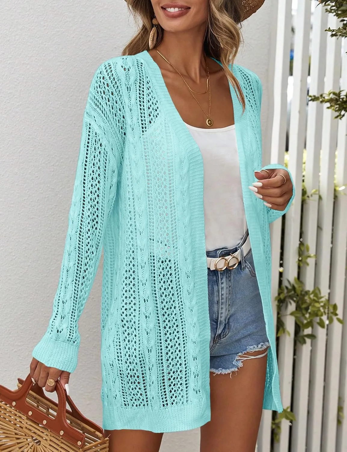 Womens Crochet Lightweight Cardigans Long Sleeve Open Front Kimonos Boho Summer Cardigan Sweater Cover Up