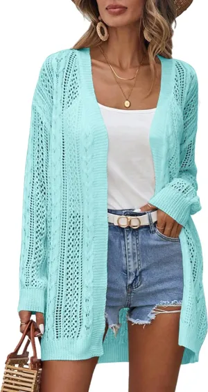 Womens Crochet Lightweight Cardigans Long Sleeve Open Front Kimonos Boho Summer Cardigan Sweater Cover Up