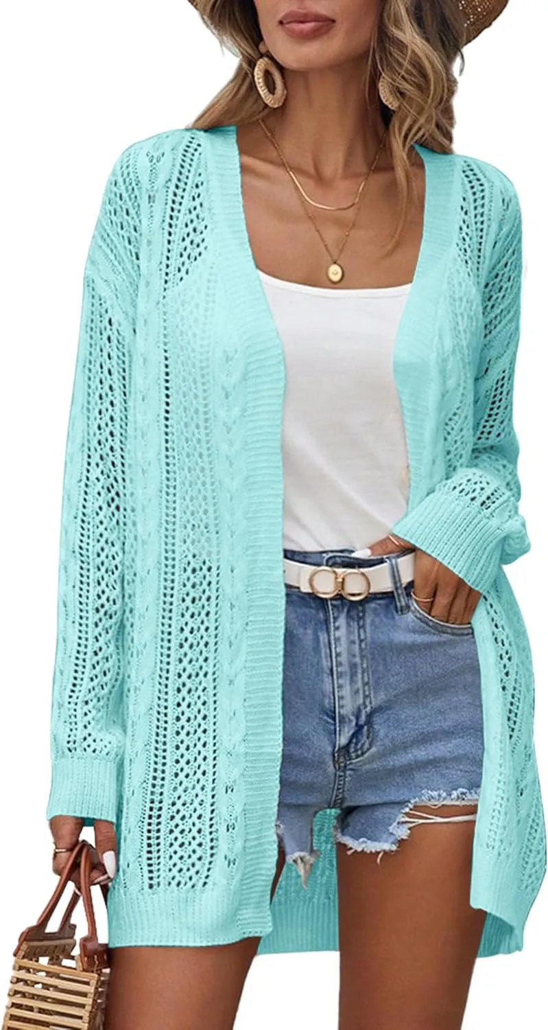Womens Crochet Lightweight Cardigans Long Sleeve Open Front Kimonos Boho Summer Cardigan Sweater Cover Up