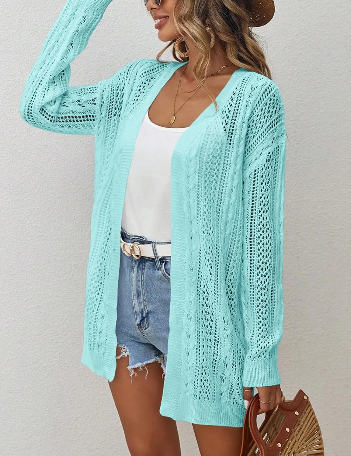 Womens Crochet Lightweight Cardigans Long Sleeve Open Front Kimonos Boho Summer Cardigan Sweater Cover Up