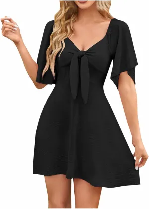Womens Dress 2025 Spring Summer Deep V Neck Elegant Bow tie Mini Dress Twist Front Ruffle Dress Casual Flowy Tunic Mini Dress