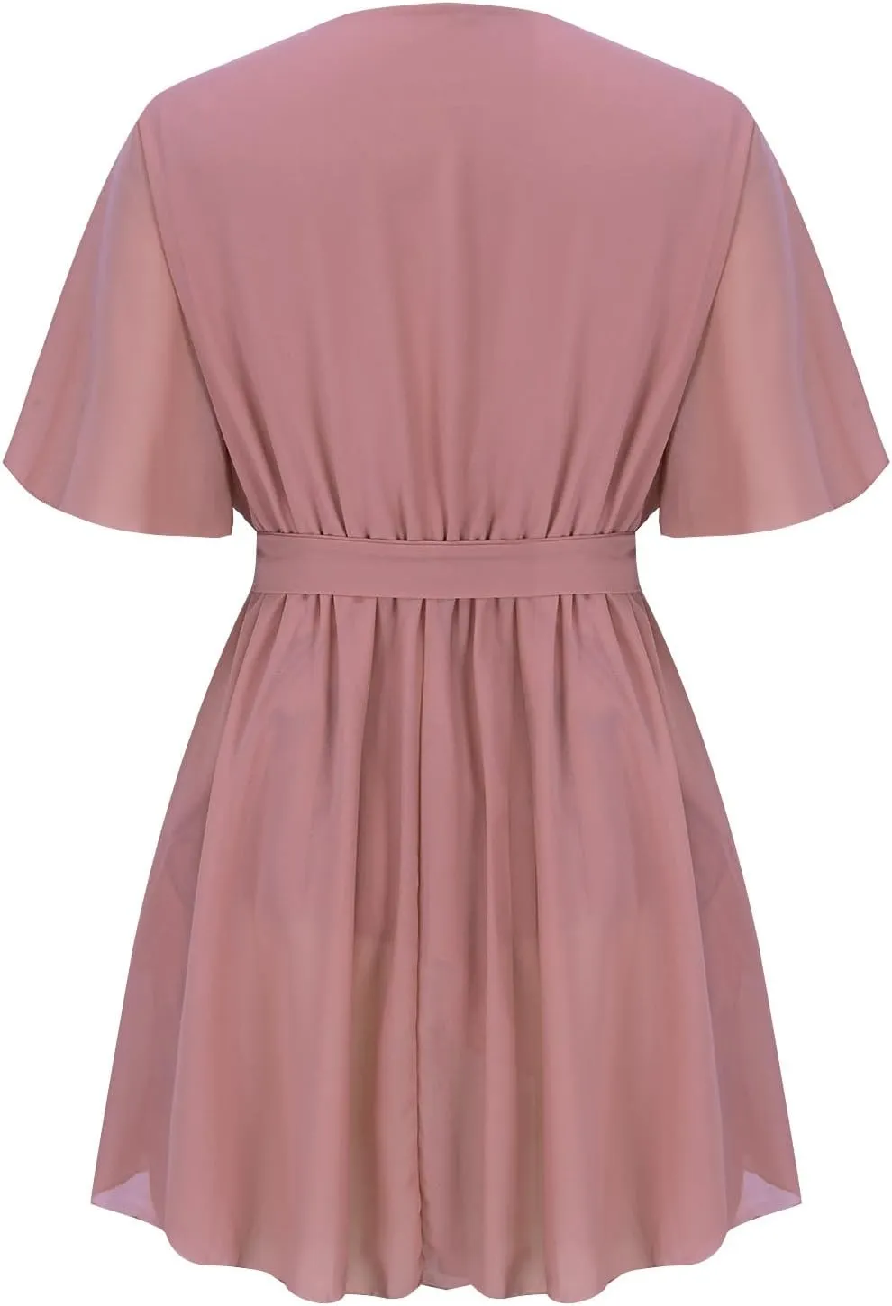 Women's Dress Deep V-Neck Short Sleeve Waist Tie Ruffle Mini Swing Skater Dresses Smocked Tiered Belted Ruffle Hem Mini Dress
