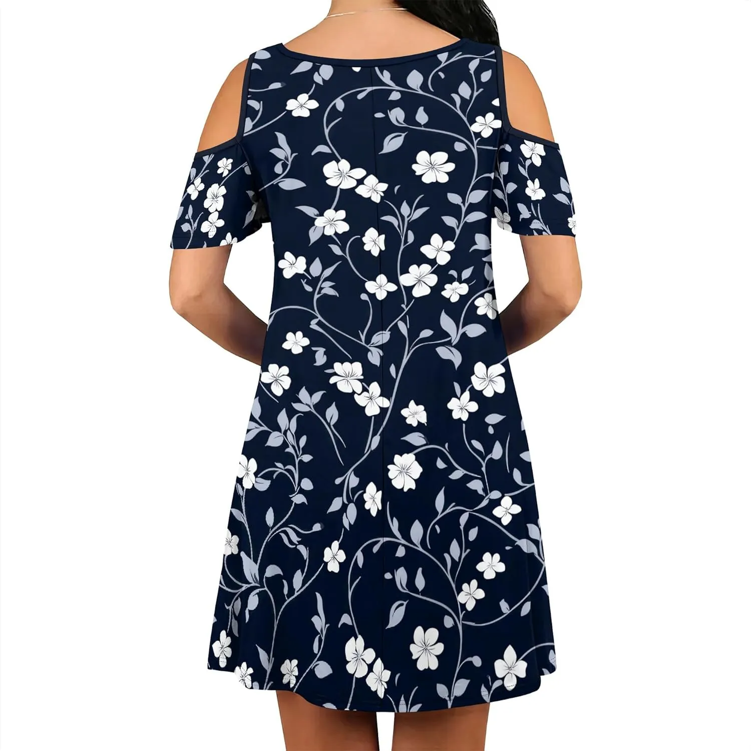Women's Floral Off Shoulder Dress Short Sleeve Ruffle Mini Dress Summer Casual Resort Dress