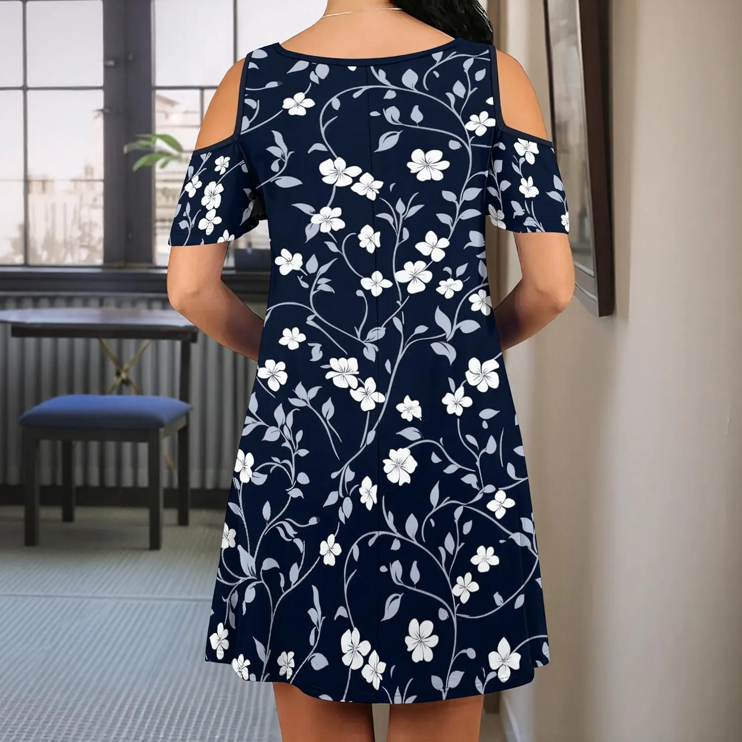 Women's Floral Off Shoulder Dress Short Sleeve Ruffle Mini Dress Summer Casual Resort Dress