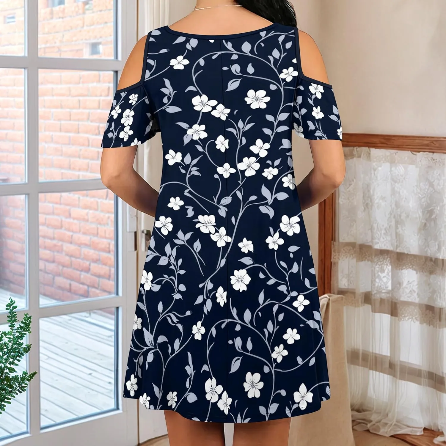 Women's Floral Off Shoulder Dress Short Sleeve Ruffle Mini Dress Summer Casual Resort Dress