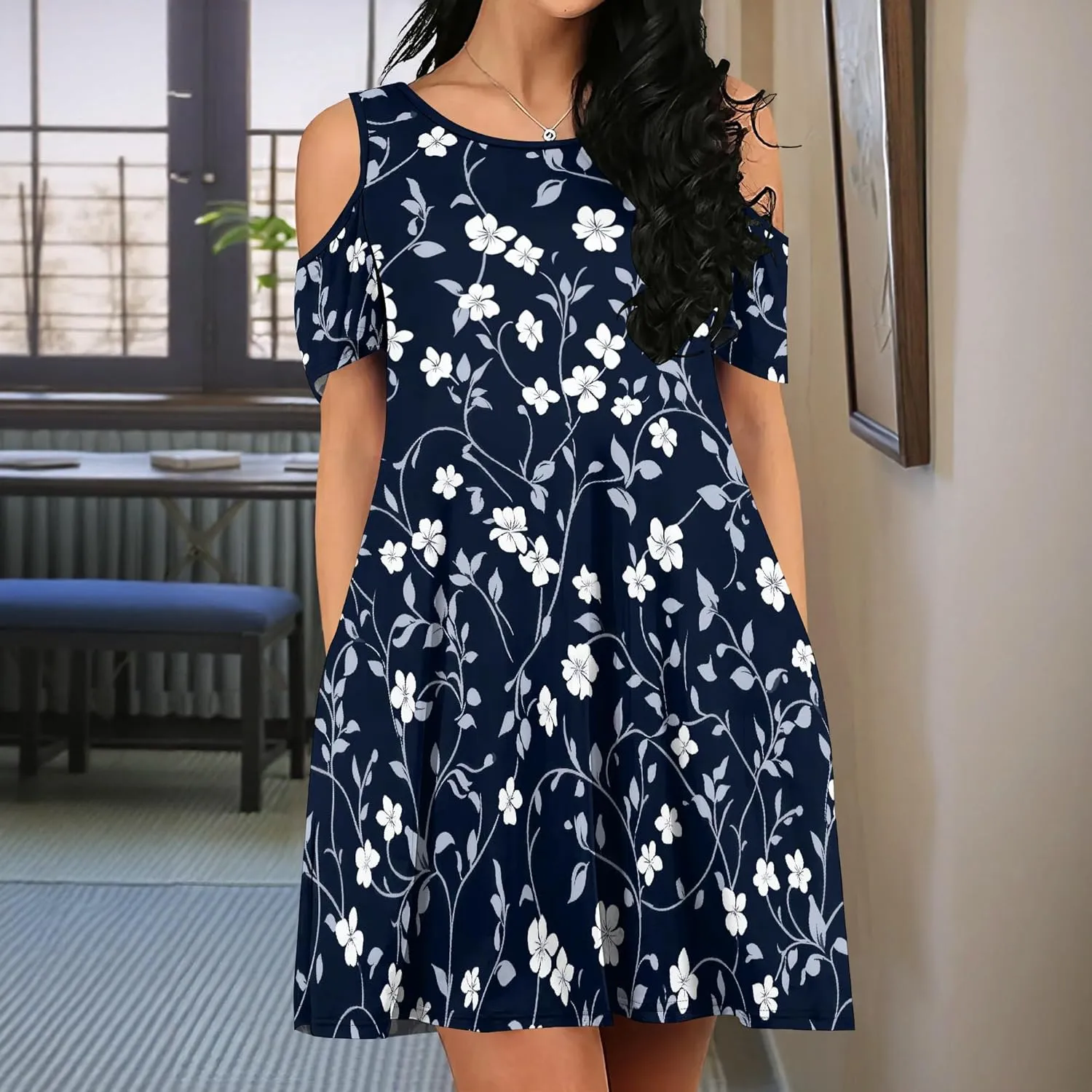 Women's Floral Off Shoulder Dress Short Sleeve Ruffle Mini Dress Summer Casual Resort Dress