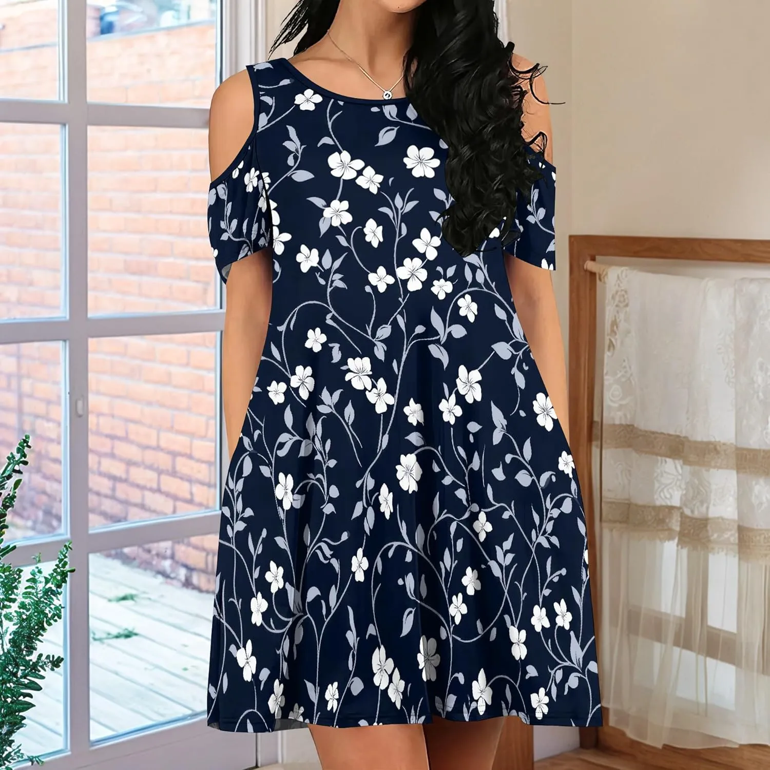 Women's Floral Off Shoulder Dress Short Sleeve Ruffle Mini Dress Summer Casual Resort Dress