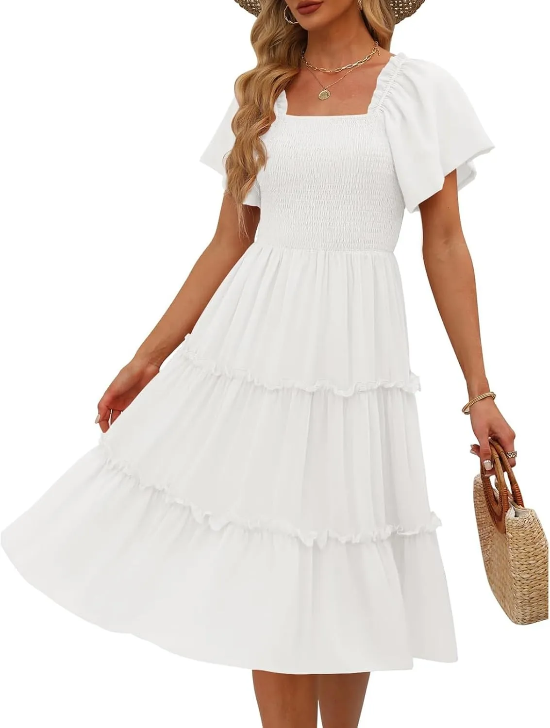 Women's Graduation Summer Smocked Flutter Sleeve Square Neck Modest Tiered Midi Dress