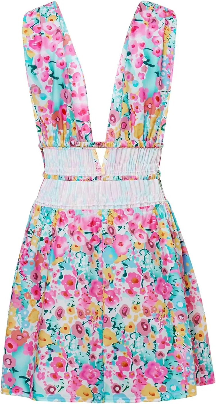 Womens Halter Neck Y2k Floral Mini Dress Cut Out Backless Ruffle Hem Rave Festival Club Dress