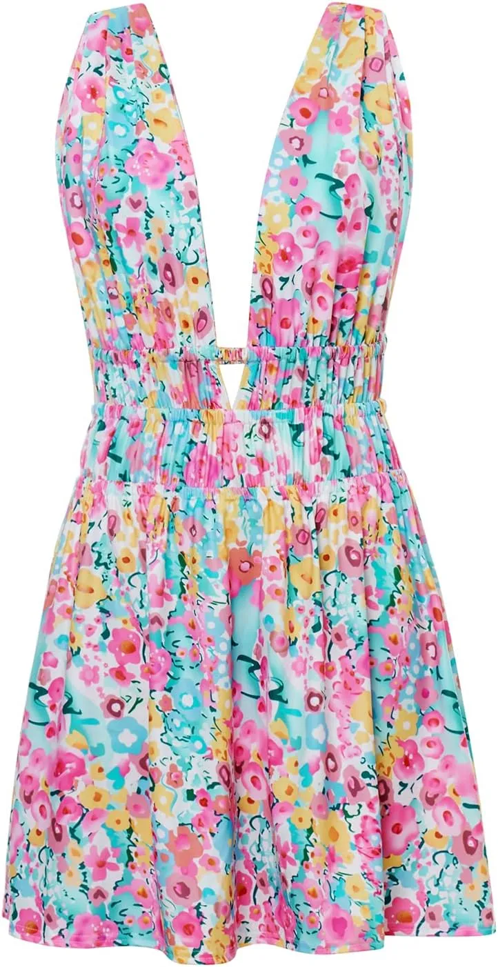Womens Halter Neck Y2k Floral Mini Dress Cut Out Backless Ruffle Hem Rave Festival Club Dress