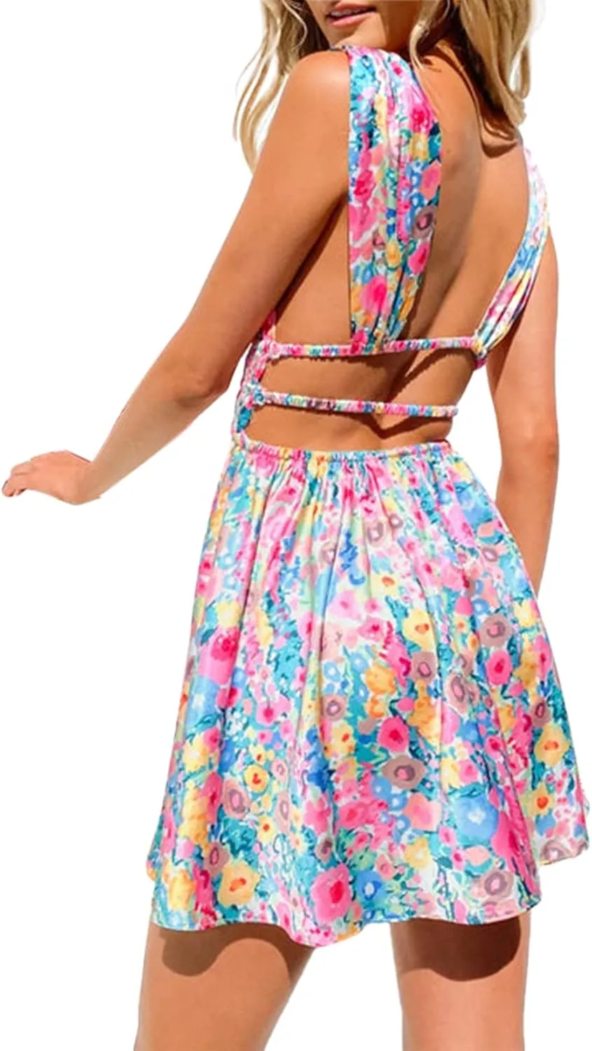 Womens Halter Neck Y2k Floral Mini Dress Cut Out Backless Ruffle Hem Rave Festival Club Dress