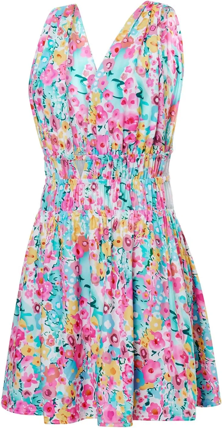Womens Halter Neck Y2k Floral Mini Dress Cut Out Backless Ruffle Hem Rave Festival Club Dress
