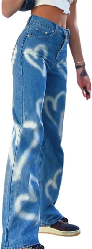 Women's High Waist Heart Print Wide Leg Loost Fit Vintage Boyfriend Jeans Teen Girls Streetwear Denim Pants
