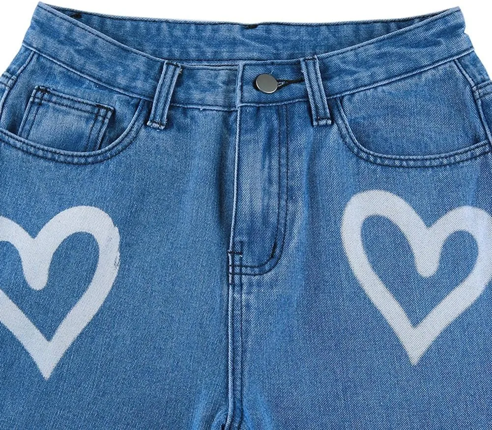 Women's High Waist Heart Print Wide Leg Loost Fit Vintage Boyfriend Jeans Teen Girls Streetwear Denim Pants