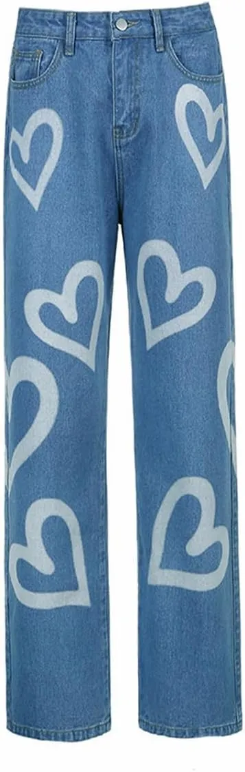 Women's High Waist Heart Print Wide Leg Loost Fit Vintage Boyfriend Jeans Teen Girls Streetwear Denim Pants