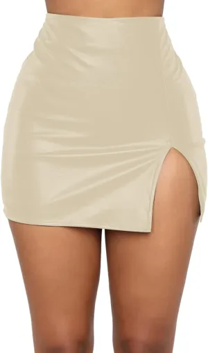 Womens High Waist Short Skirts Pu Leather Bodycon Mini Skirts Sexy Split Hem Mini Pencil Skirts for Club