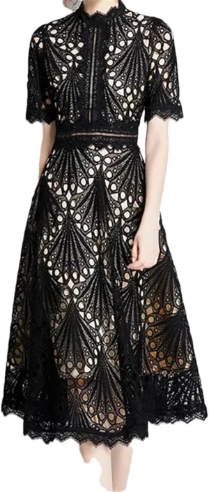 Women's Lace Hollow Mini Dress Solid Embroidery Short Sleeve Midi Dress