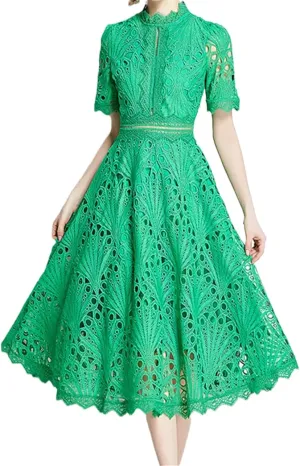 Women's Lace Hollow Mini Dress Solid Embroidery Short Sleeve Midi Dress