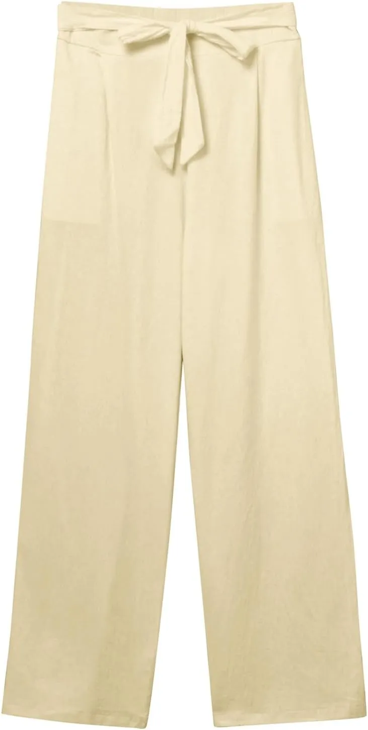 Women's Linen Blend Summer Casual Flowy Pants High Waist Lounge Pants Plus Size Trouser Vacation