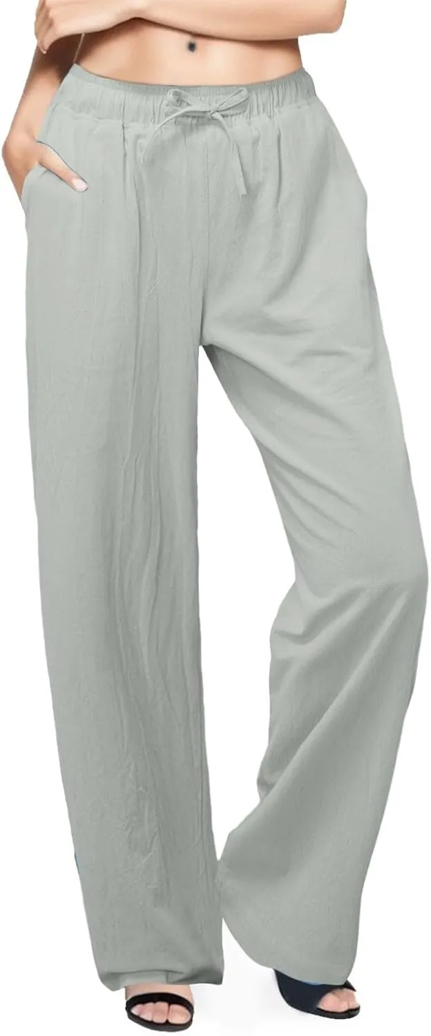 Women's Linen Pants Baggy Casual Summer Solid Color Boho Plus Size High Waist Linen Pants Elastic Waist Streetwear Trousers
