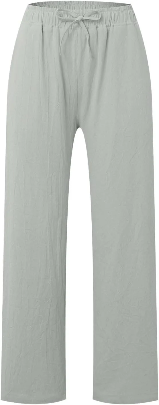 Women's Linen Pants Baggy Casual Summer Solid Color Boho Plus Size High Waist Linen Pants Elastic Waist Streetwear Trousers