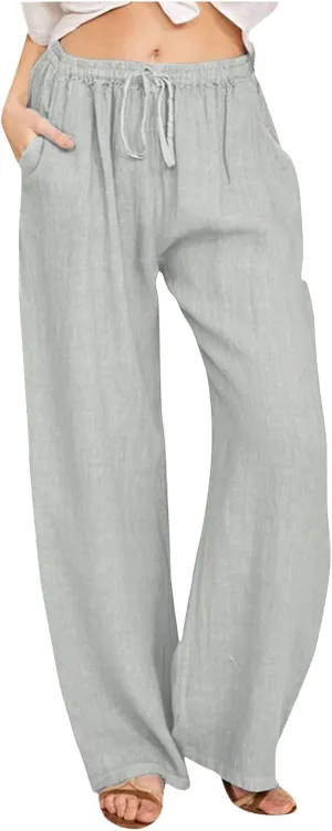 Women's Linen Pants Baggy Casual Summer Solid Color Boho Plus Size High Waist Linen Pants Elastic Waist Streetwear Trousers
