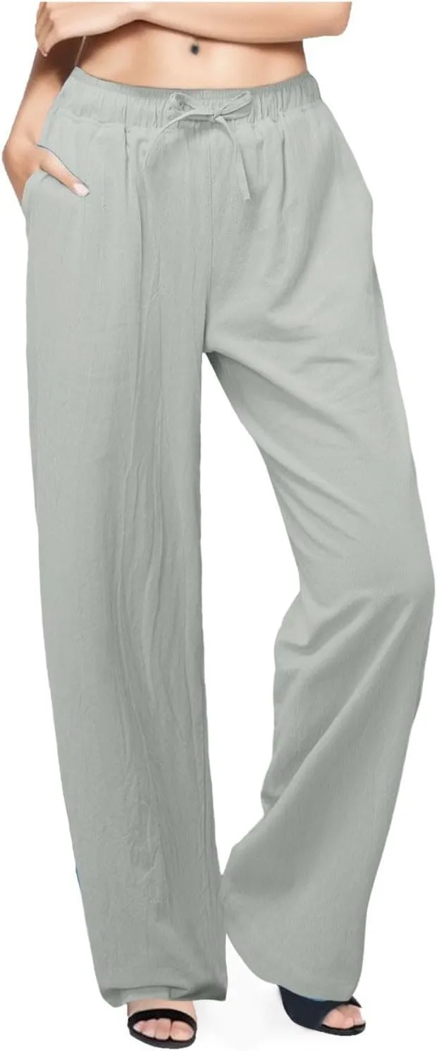 Women's Linen Pants Baggy Casual Summer Solid Color Boho Plus Size High Waist Linen Pants Elastic Waist Streetwear Trousers
