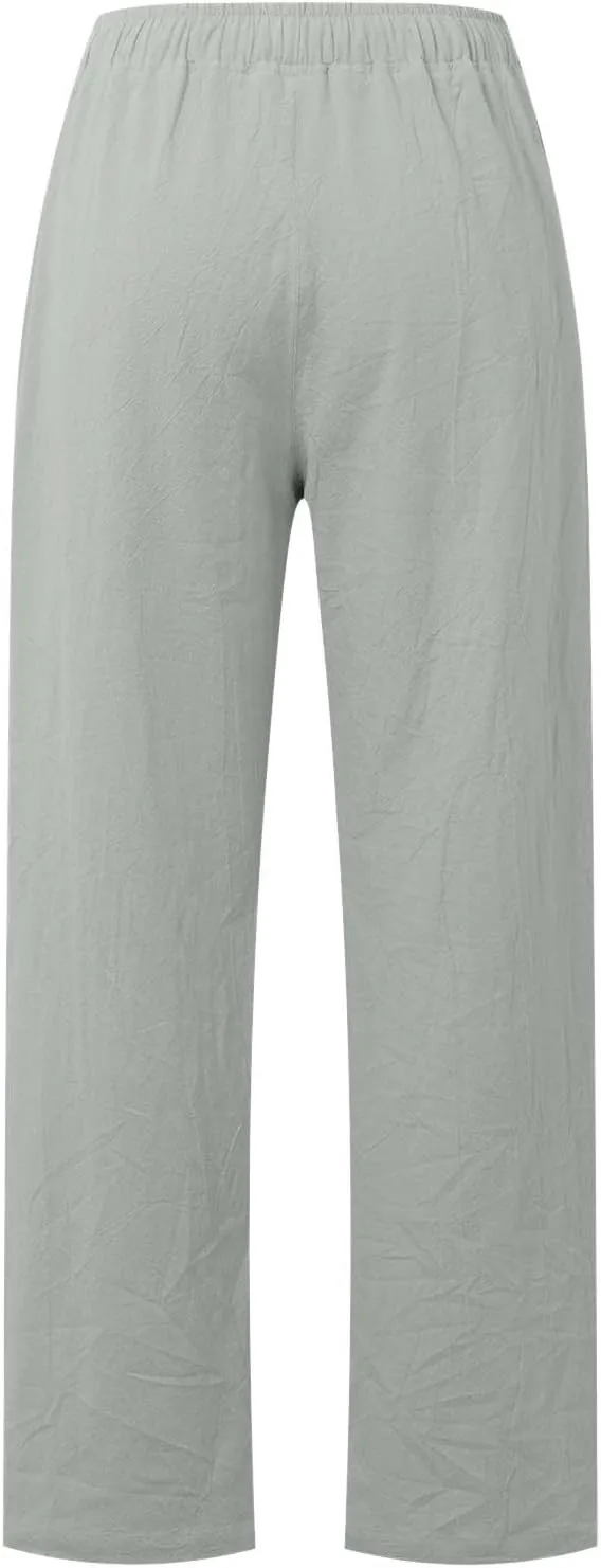 Women's Linen Pants Baggy Casual Summer Solid Color Boho Plus Size High Waist Linen Pants Elastic Waist Streetwear Trousers