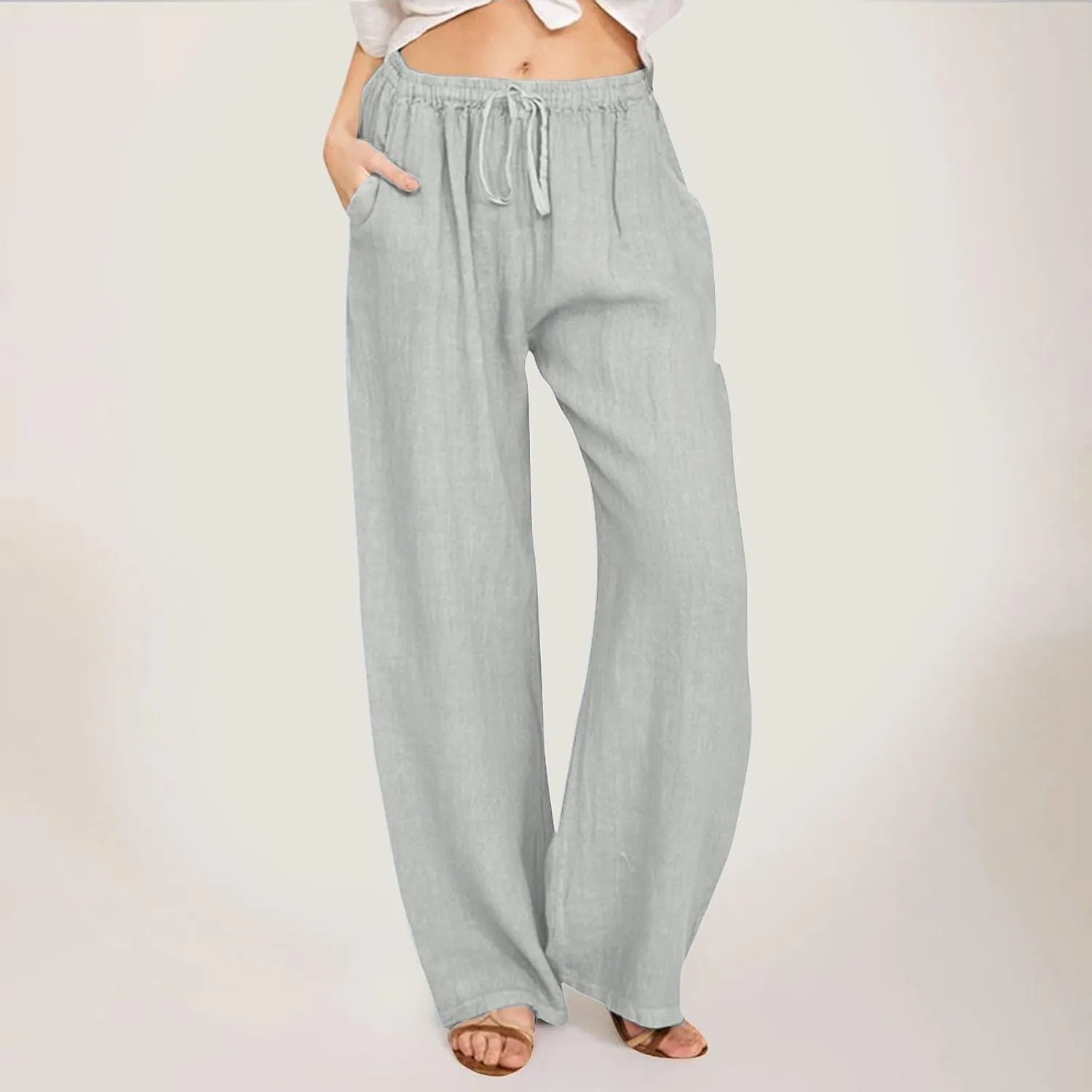 Women's Linen Pants Baggy Casual Summer Solid Color Boho Plus Size High Waist Linen Pants Elastic Waist Streetwear Trousers