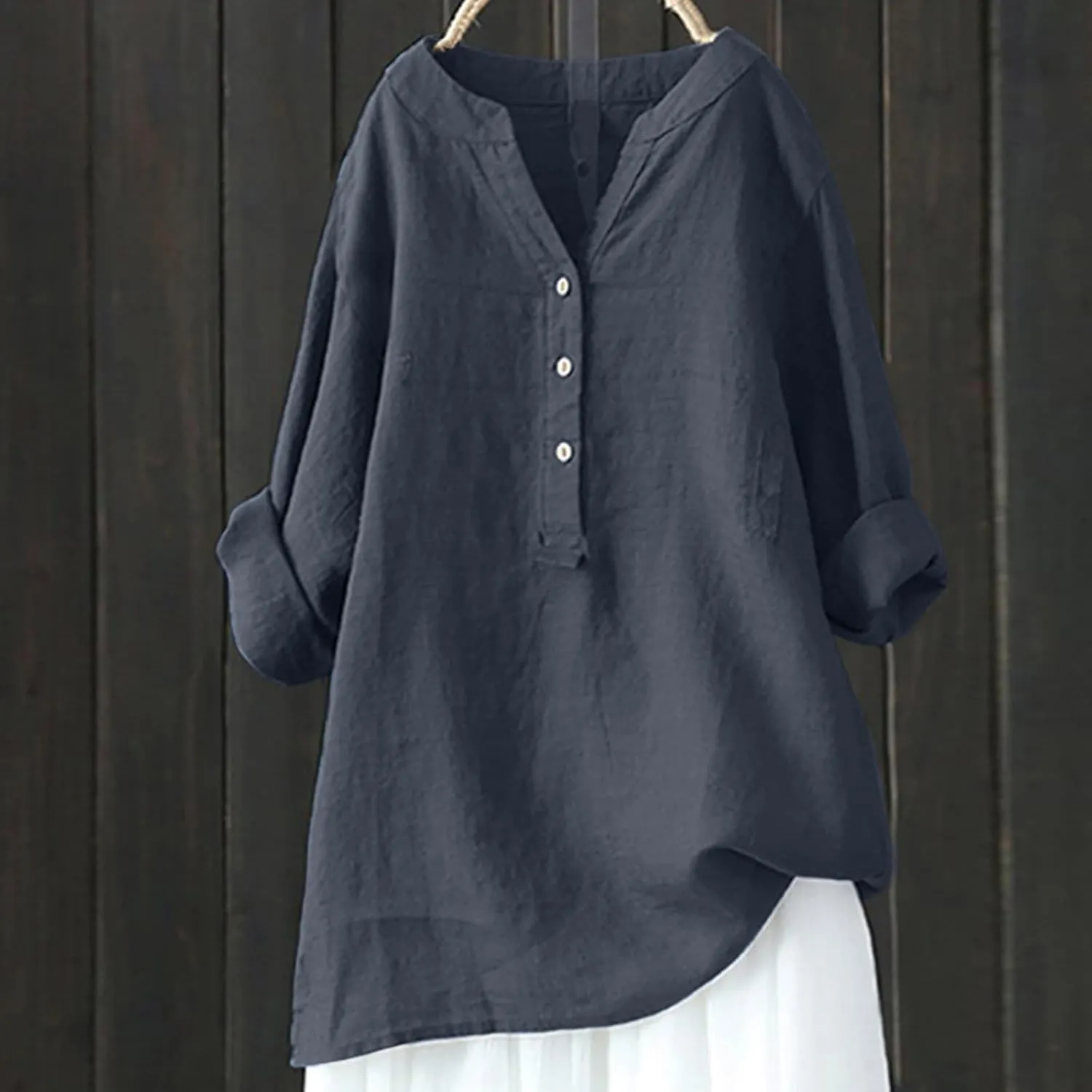 Womens Linen Shirts Summer Linen Bohemian Long Sleeve T-Shirts Casual Plus Size Lightweight Round Neck Tshirts