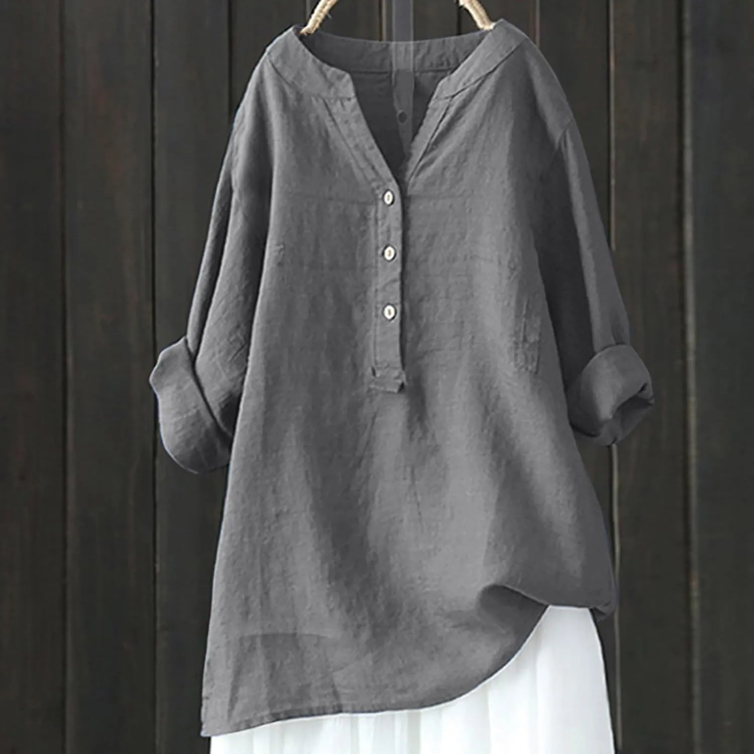 Womens Linen Shirts Summer Linen Bohemian Long Sleeve T-Shirts Casual Plus Size Lightweight Round Neck Tshirts