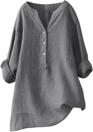 Womens Linen Shirts Summer Linen Bohemian Long Sleeve T-Shirts Casual Plus Size Lightweight Round Neck Tshirts