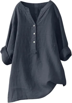 Womens Linen Shirts Summer Linen Bohemian Long Sleeve T-Shirts Casual Plus Size Lightweight Round Neck Tshirts