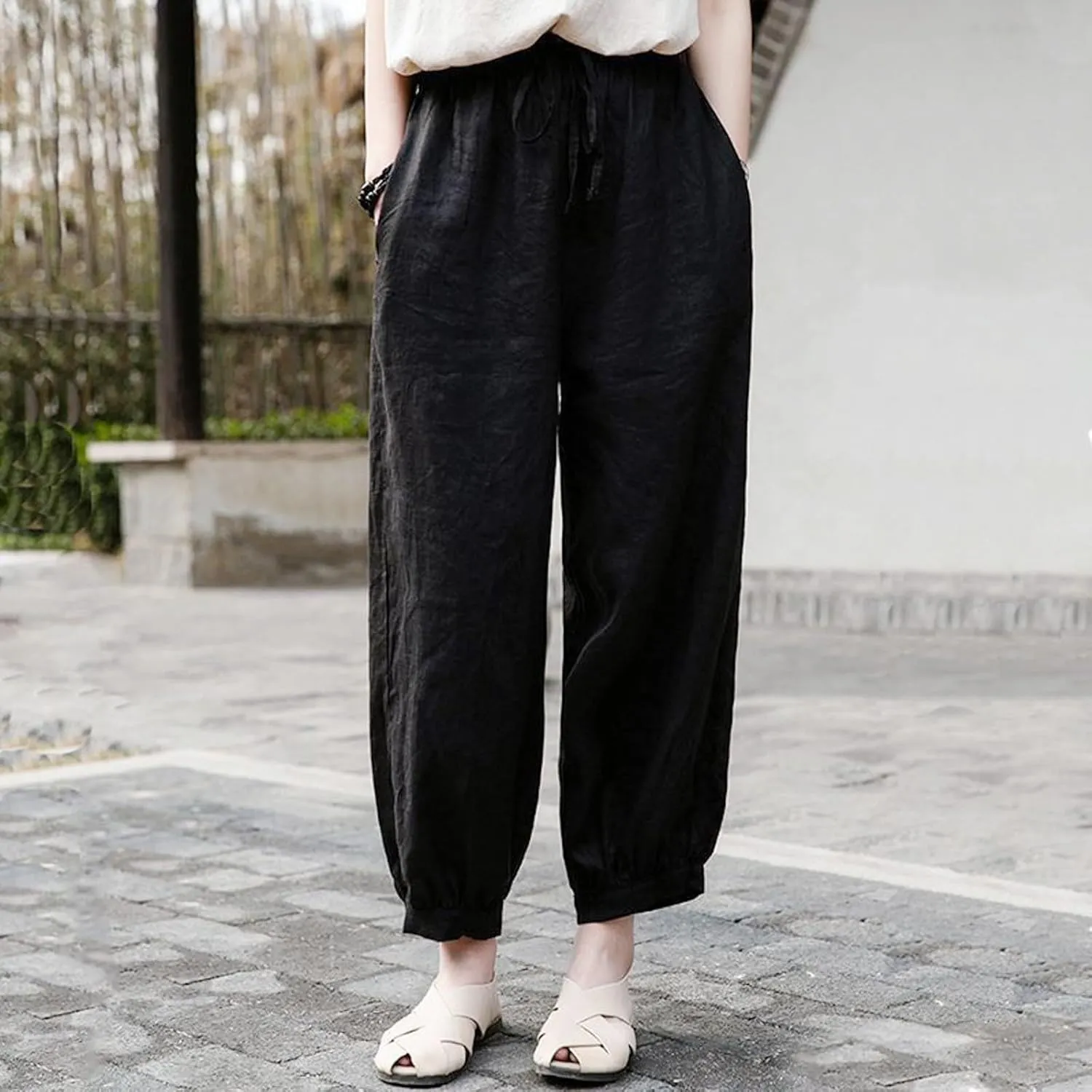 Women's Linen Summer Print Palazzo Lounge Pants Elastic Waisted Bootcut Plus Size Trousers Business Work