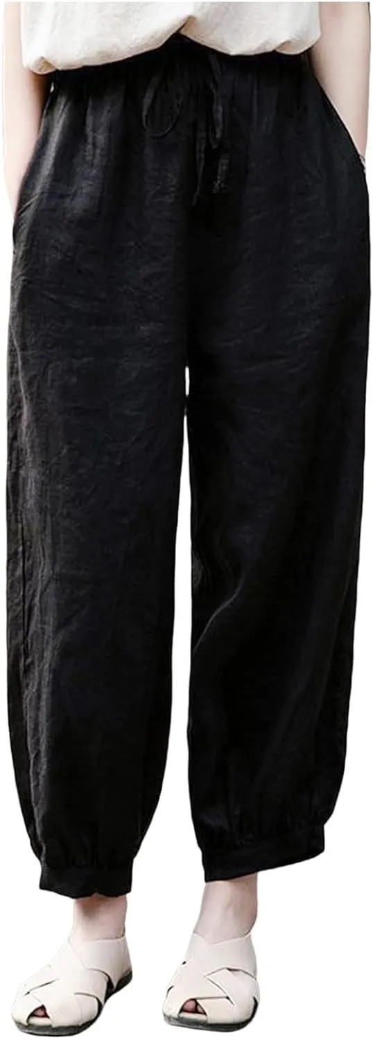 Women's Linen Summer Print Palazzo Lounge Pants Elastic Waisted Bootcut Plus Size Trousers Business Work