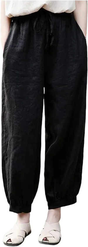 Women's Linen Summer Print Palazzo Lounge Pants Elastic Waisted Bootcut Plus Size Trousers Business Work