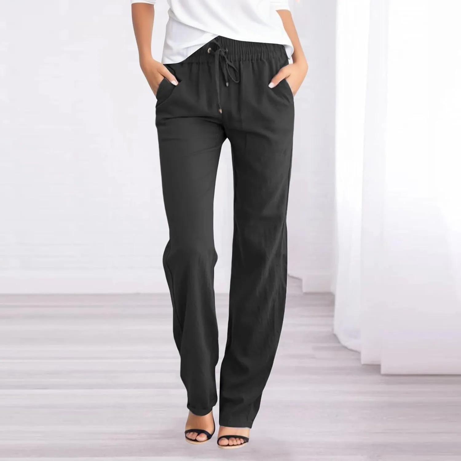 Women's Linen Summer Y2K Fashion Pants Elastic Waisted Ankle Length Slim Fit Trousers Beach